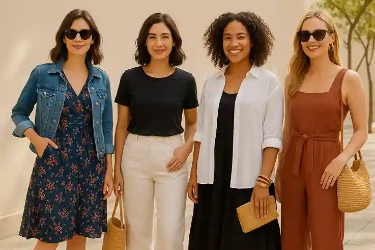 Models in relaxed weekend outfits including floral dresses, denim jackets, linen trousers, and jumpsuits styled with woven bags and bold accessories.