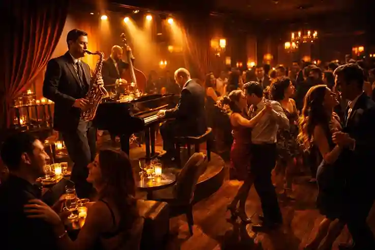 Live jazz performance with musicians playing and people dancing in a warm, lively club
