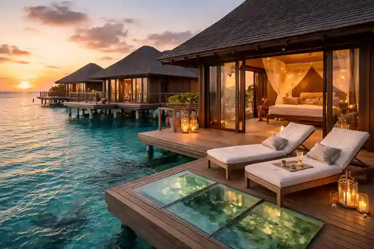 Romantic Maldives overwater villas with glass floors, private decks, and turquoise lagoon views at sunset.