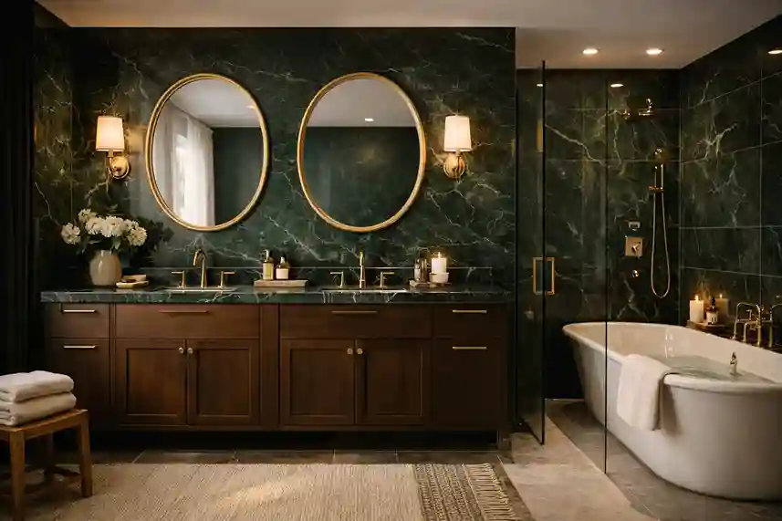 Luxurious deep green bathroom ideas with marble surfaces, gold accents, refined textures, and soft lighting creating a rich, elegant, high-end space.