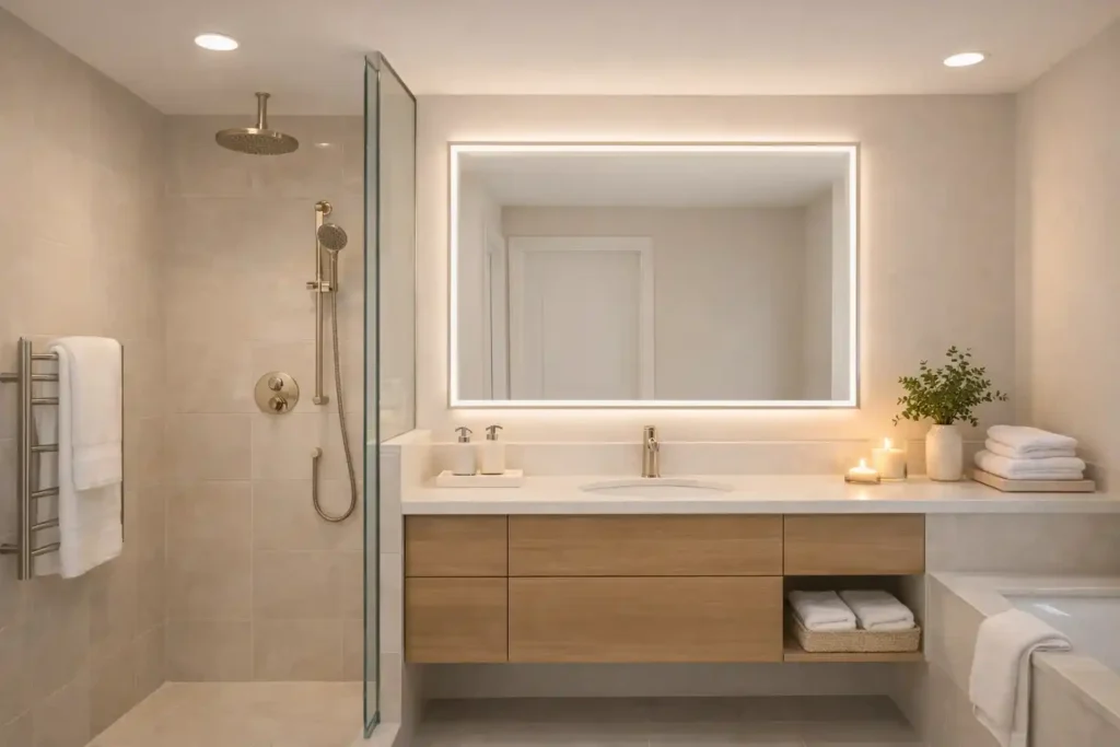 Modern guest bathroom with sleek faucets, rainfall showerhead, floating vanity, towel warmer, and elegant finishes