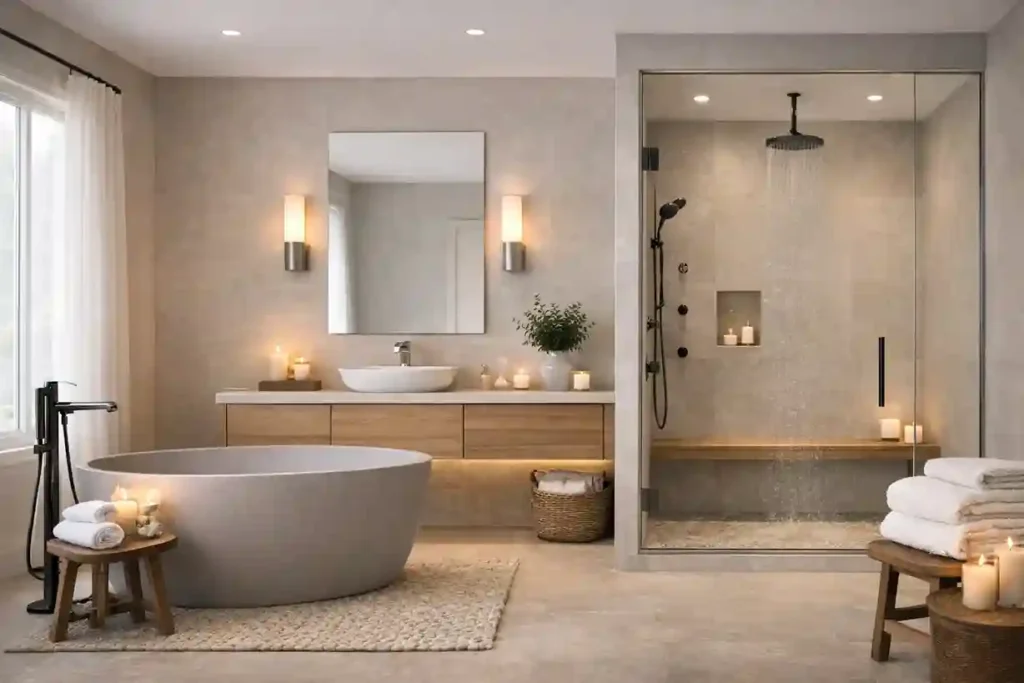 Luxury master bathroom with freestanding tub, walk-in rainfall shower, soft lighting, and spa-like design