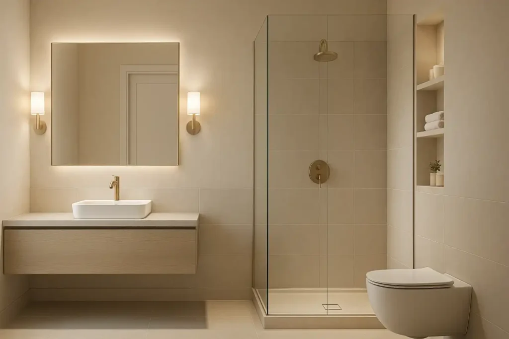 Luxury small bathroom with floating vanity, glass shower, soft lighting, neutral tones, and modern space-saving design