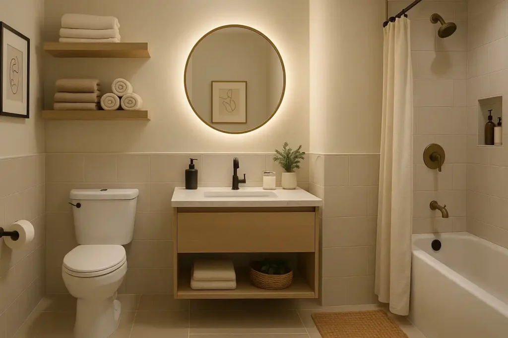 Small bathroom with brass fixtures, plush towels, backlit mirror, artwork, and refined accessories in a luxury design