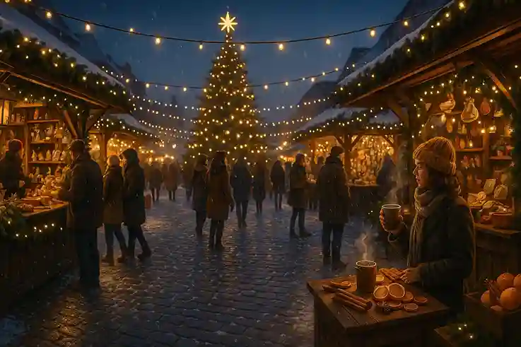 Christmas market at dusk with glowing lights, decorated stalls, fresh snow, and people enjoying warm holiday treats.
