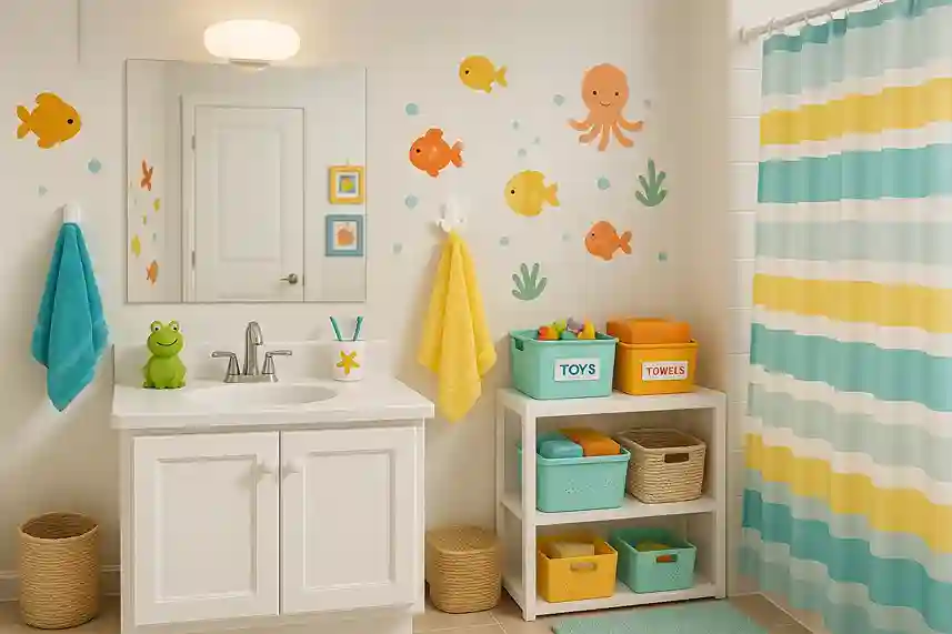 Easy-to-maintain kids bathroom decor with wipeable surfaces, labeled storage, quick-dry towels, and organized child-friendly style.