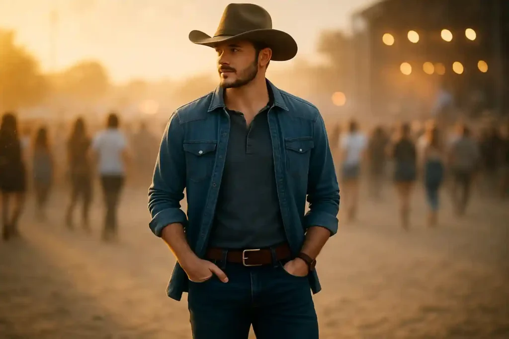 Man in fitted jeans, a Henley or button-down shirt, boots, and a denim or flannel layer styled for a rugged country concert look.