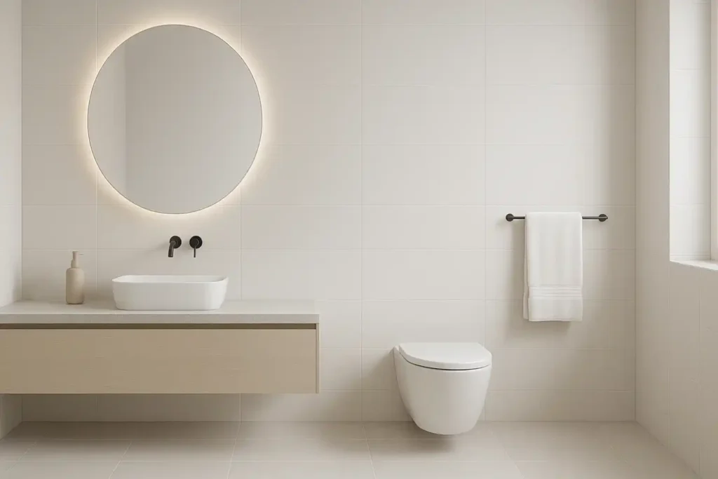 Minimalist bathroom with floating vanity, neutral colors, clean lines, matte tiles, soft lighting, and modern black accents