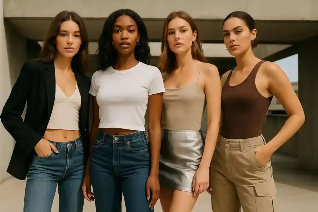 Models wearing 2000s outfit ideas including low-rise jeans, baby tees, metallic skirts, and cargo pants