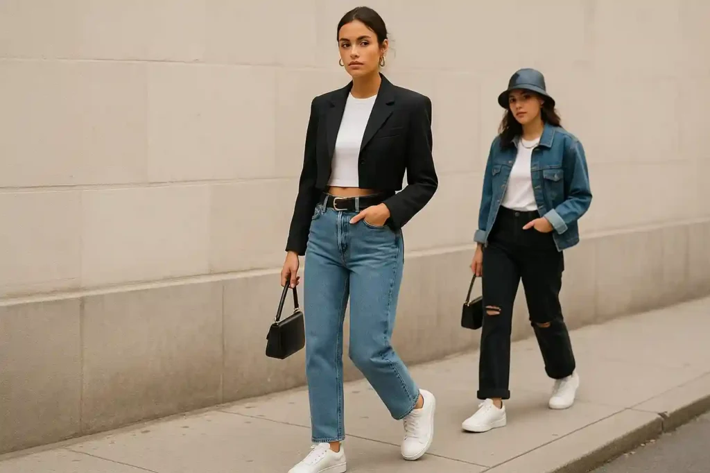 Model wearing modern 90s-inspired outfits: vintage straight-leg jeans, cropped blazer, slip dress, sleek sneakers, and minimal accessories.