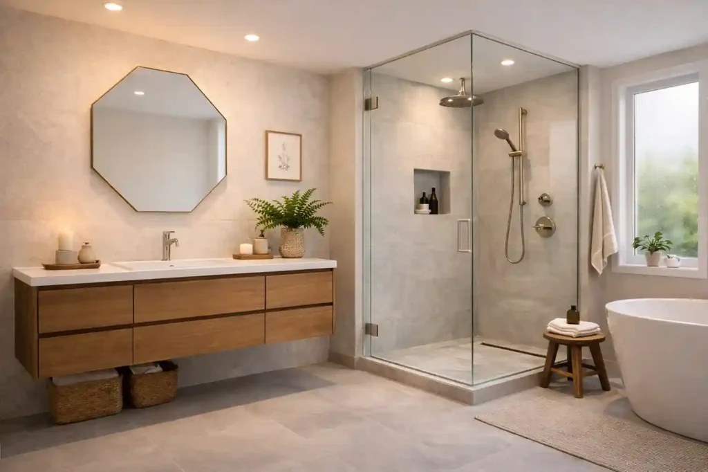 Modern bathroom with geometric mirror, plants, neutral towels, woven baskets, and minimal décor