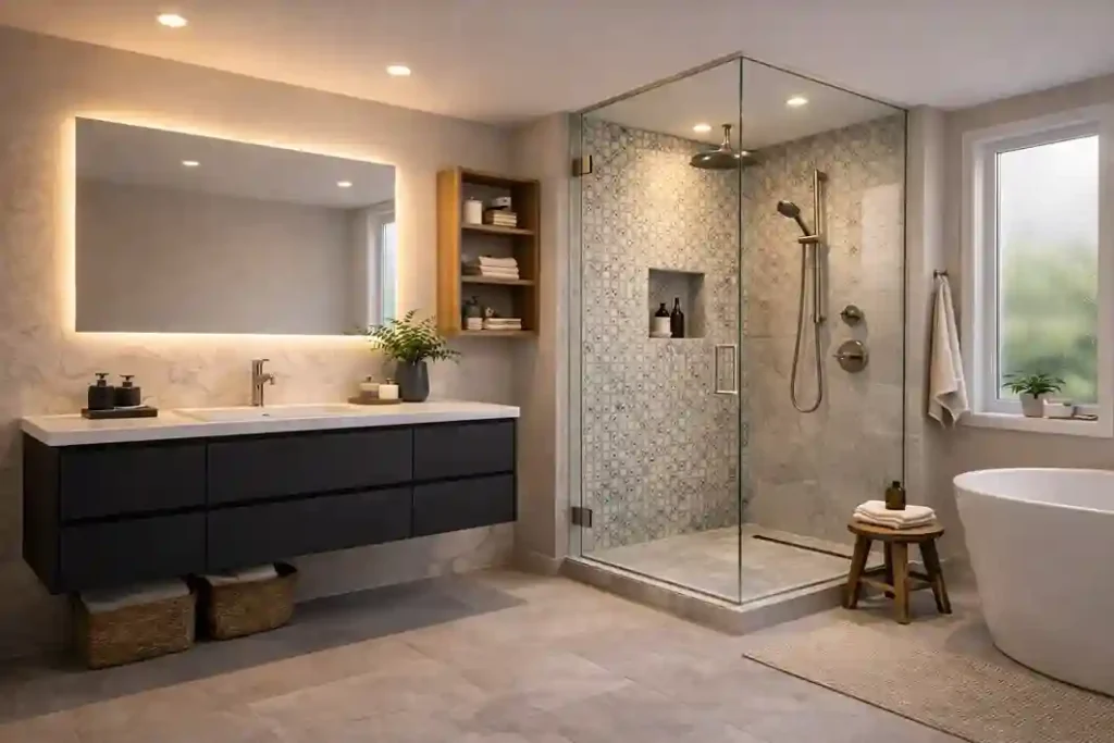 Modern bathroom ideas featuring clean lines, dark vanity, marble and wood textures, warm lighting, and open layout
