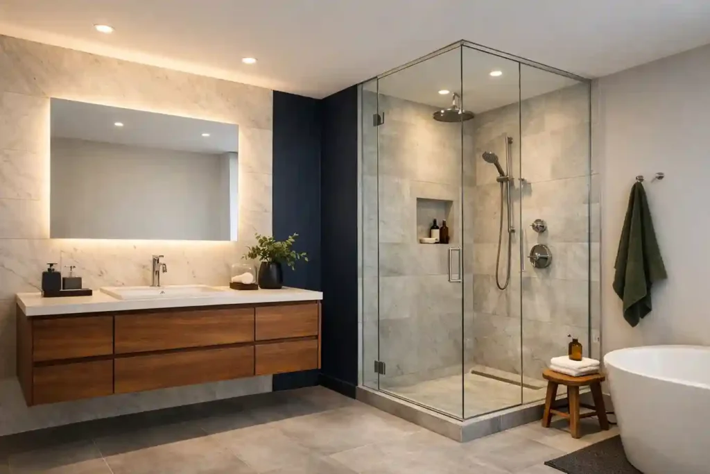 Modern bathroom with clean lines, wood accents, stone textures, bold dark tones, and warm lighting creating a calm, elegant retreat