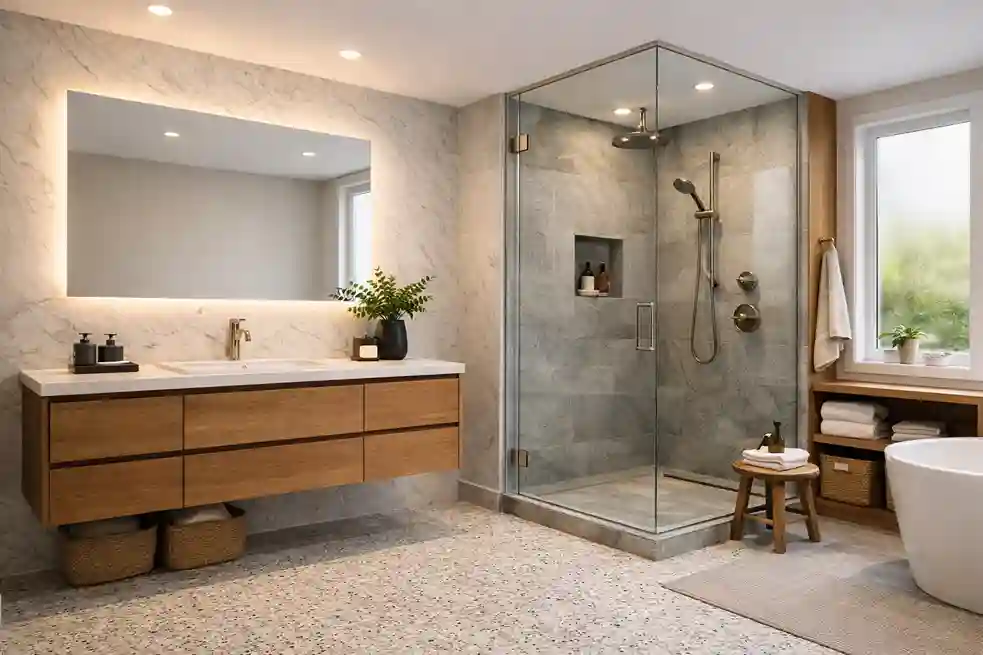 Modern bathroom with marble, terrazzo, quartz surfaces, wood accents, stone textures, and warm lighting