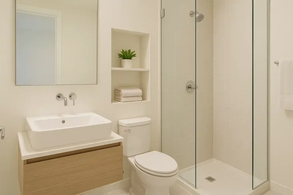 Small modern bathroom with floating vanity, glass shower, corner sink, light colors, mirrors, and space-saving design
