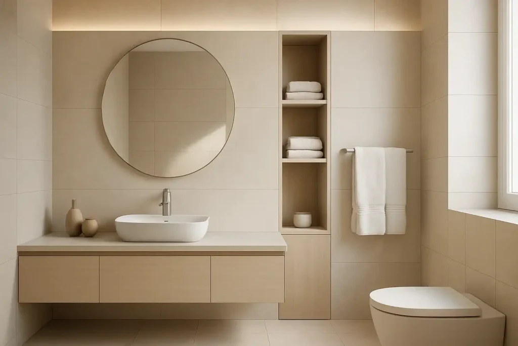 Modern bathroom with soft neutral colors, clean lines, warm lighting, natural materials, elegant mirror, and spa-like design