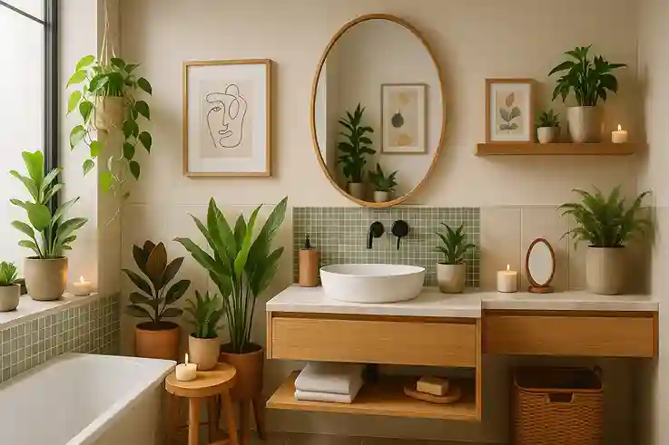 Modern bathroom ideas with indoor plants, wooden accents, framed art, unique mirrors, candles, and natural décor elements