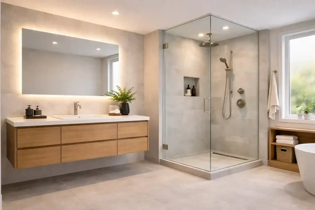Modern bathroom with floating vanity, walk-in shower, frameless glass, LED mirror, and clutter-free storage