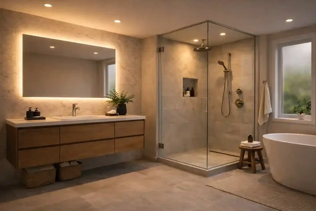 Modern bathroom with layered lighting, warm ambient light, task lighting at mirror, and accent lights