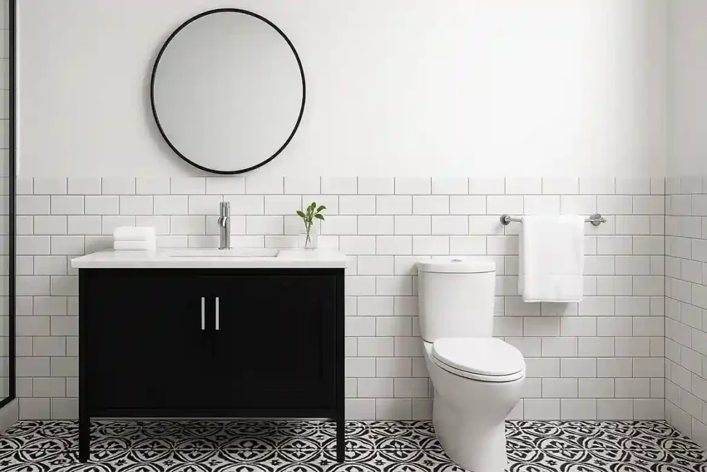 Modern black and white bathroom with marble vanity, subway tiles, and patterned flooring in a clean, elegant design.