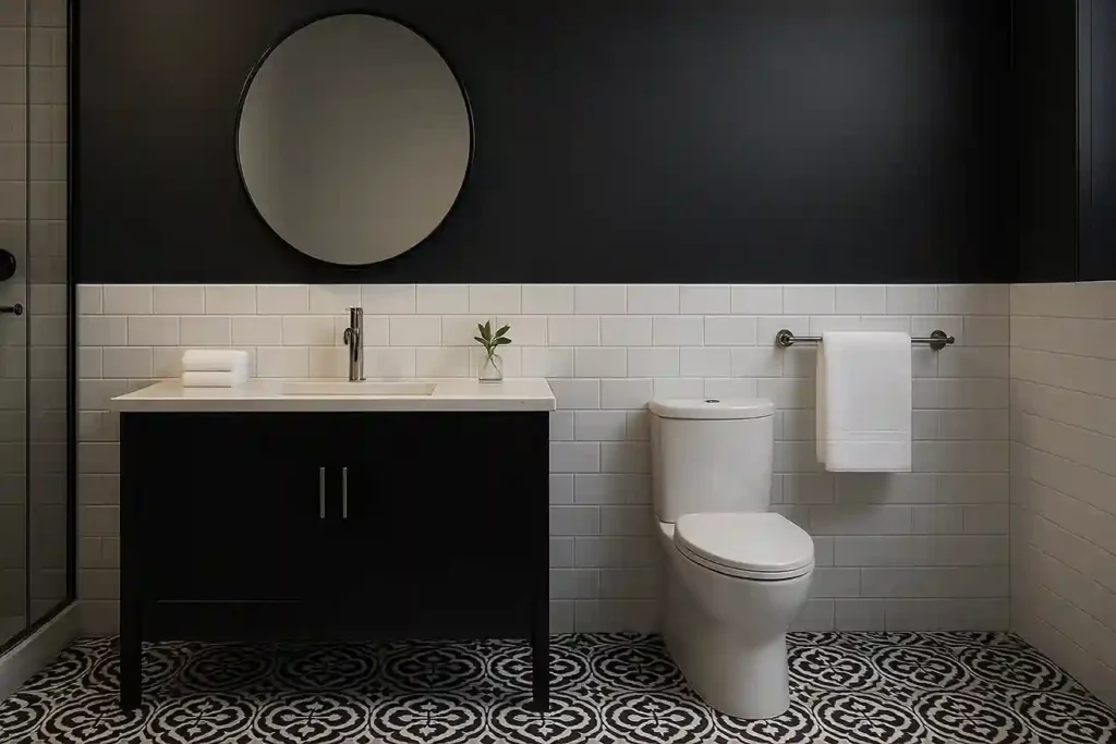 Stylish black and white bathroom with a matte-black vanity, marble countertop, subway tiles, and patterned floor for a modern look.