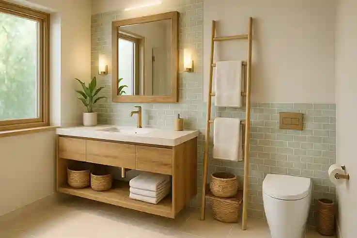 Eco-friendly modern bathroom with sustainable materials, LED lighting, low-flow fixtures, natural textures, and soft neutral colors