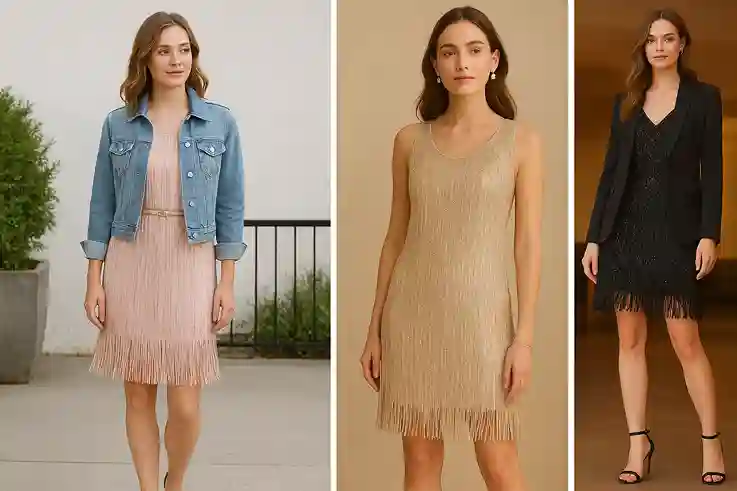 A collage of modern flapper-style dresses, showing pastel daytime looks with jackets and elegant nighttime metallic and black fringe designs.