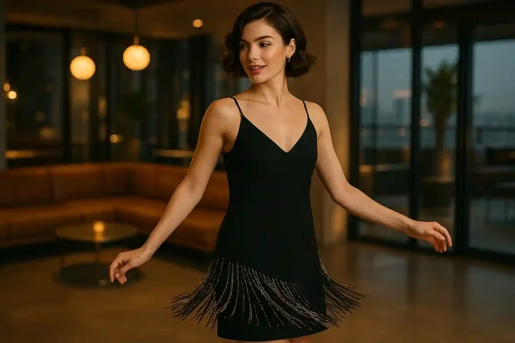 A modern woman in a sleek flapper-inspired dress with subtle fringe and bead accents, standing in a stylish lounge with warm ambient lighting.