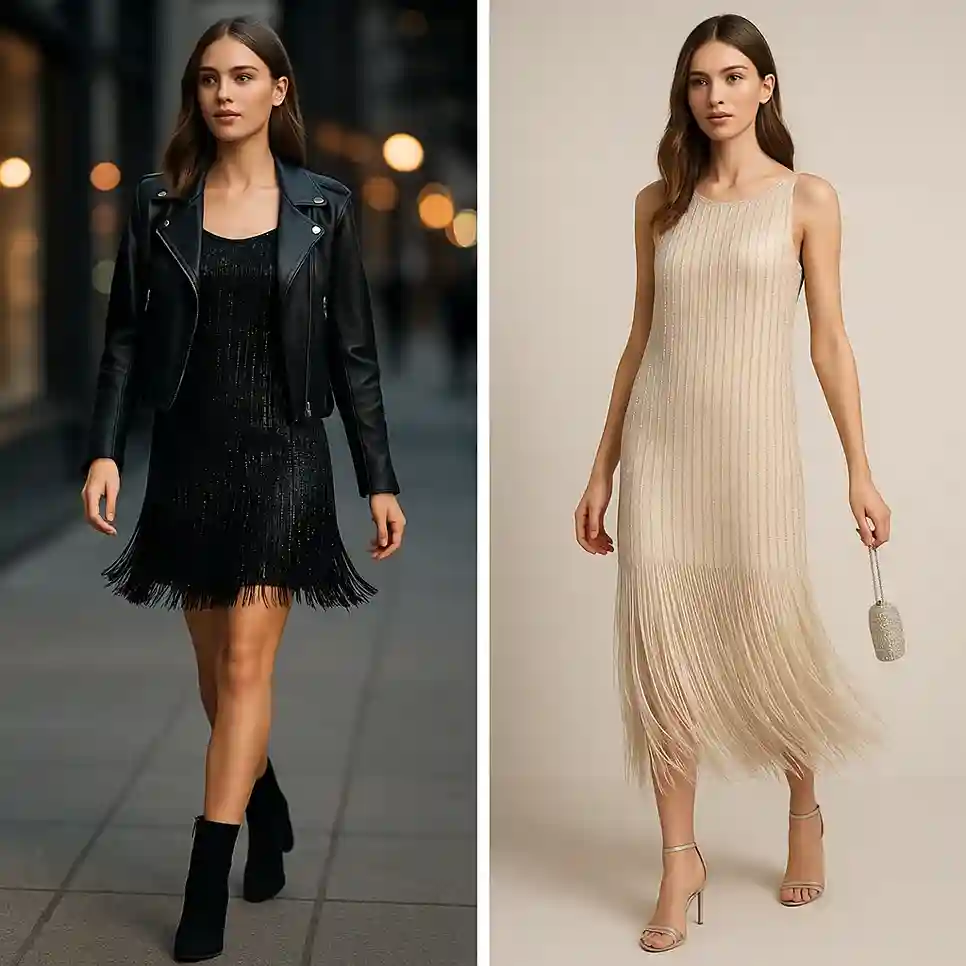A woman wearing a mini flapper dress with ankle boots and another look with a long beaded flapper dress, styled with subtle accessories for modern elegance.