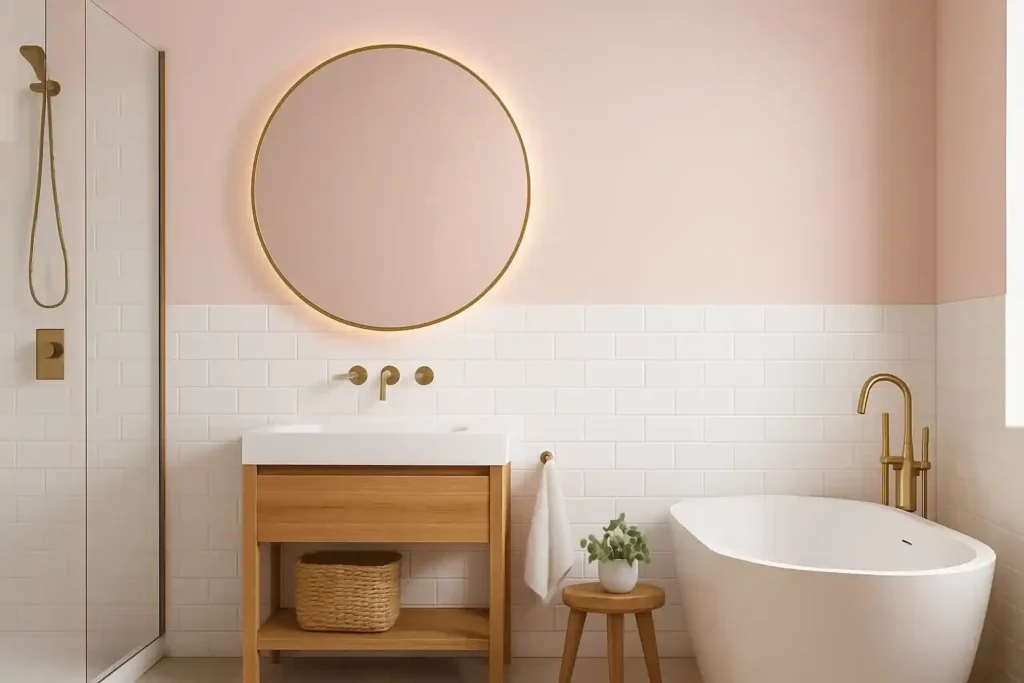 A modern pink bathroom with blush walls, white tiles, brass fixtures, and wood accents creating a warm and stylish timeless design.