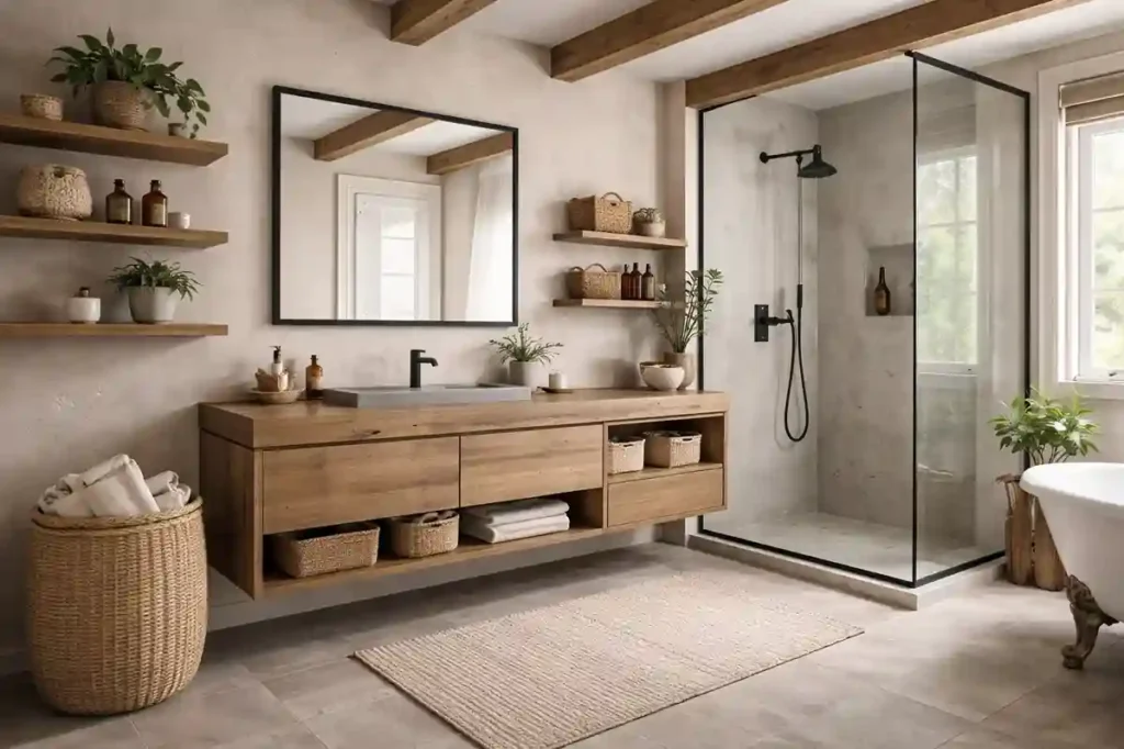 Modern rustic bathroom with clean lines, wood accents, concrete sink, and matte black fixtures.