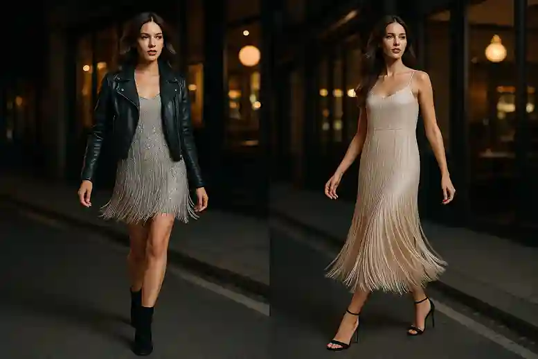 A modern woman wearing a flapper dress styled with a leather jacket and ankle boots, showing how the vintage look adapts to everyday fashion.