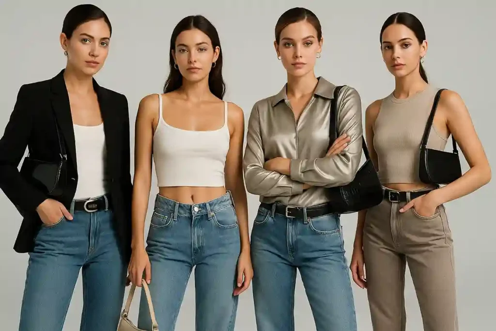 Models wearing Y2K outfit ideas mixing low-rise jeans, blazers, crop tops, and modern accessories