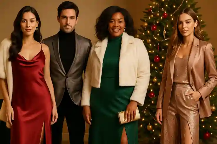 Models in satin slip dresses, metallic blazers, velvet pants, and faux fur layers styled in classic Christmas colors and soft holiday lighting.