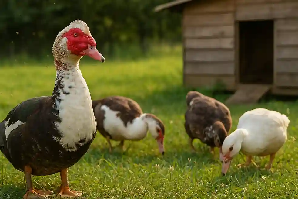 Muscovy ducks foraging on a farm, showing their calm nature and natural pest control benefits.