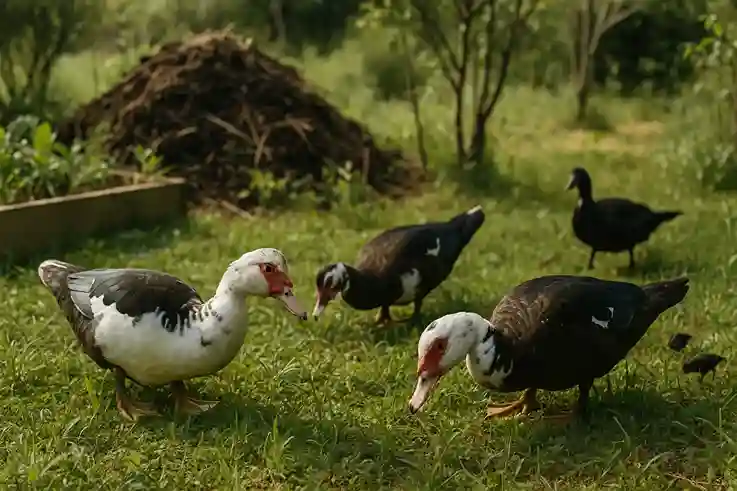 Muscovy ducks foraging on a sustainable homestead, showing natural pest control and land-improving behavior.