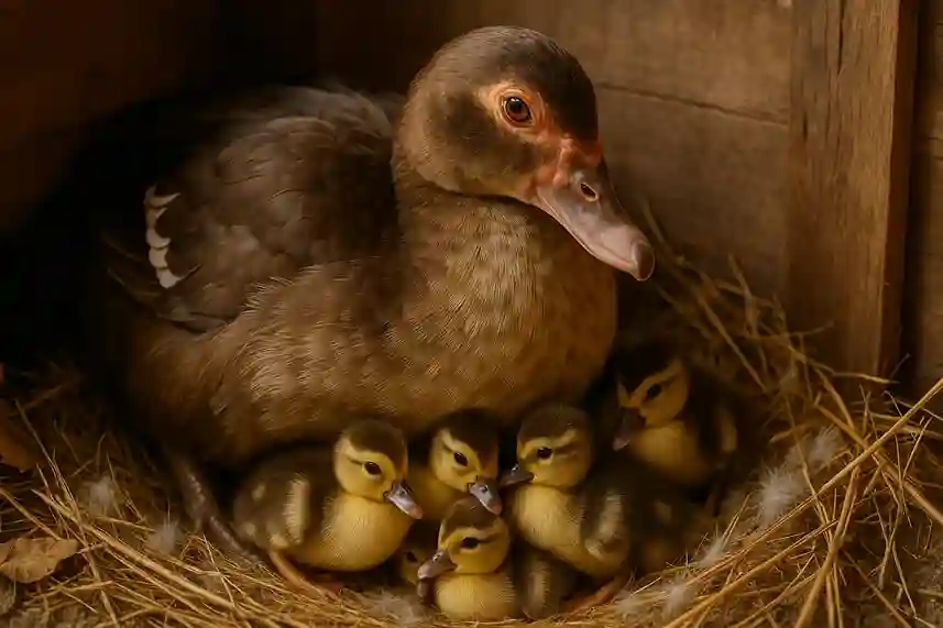 A caring Muscovy hen guarding her nest and eggs, showing strong mothering and protective instincts.