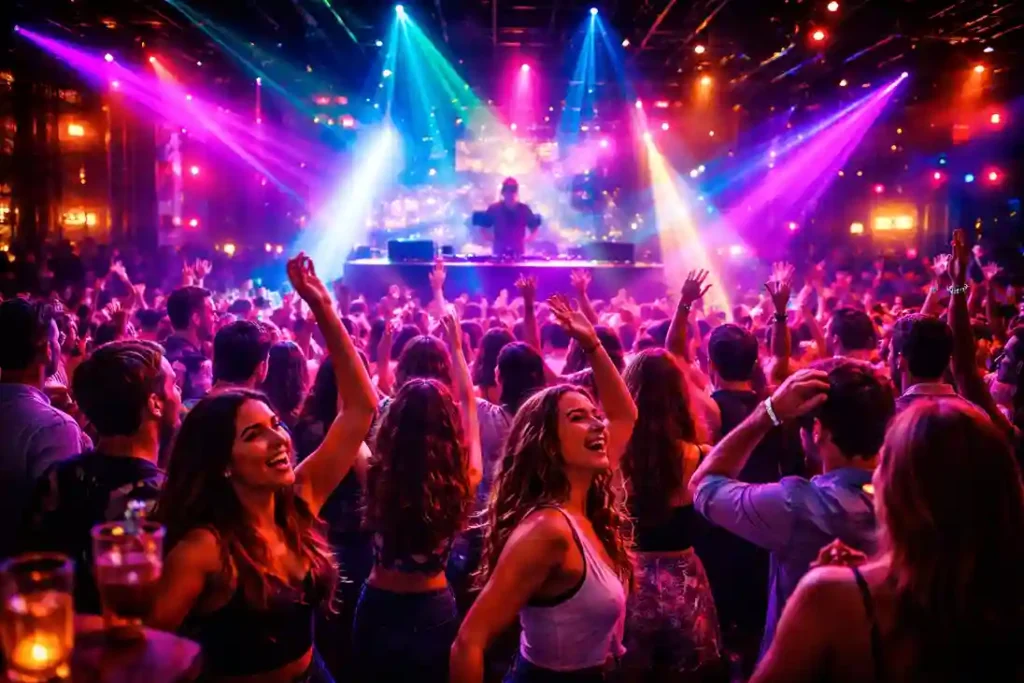 Vibrant nightclub with colorful lights, music-filled energy, and dancing people enjoying the night