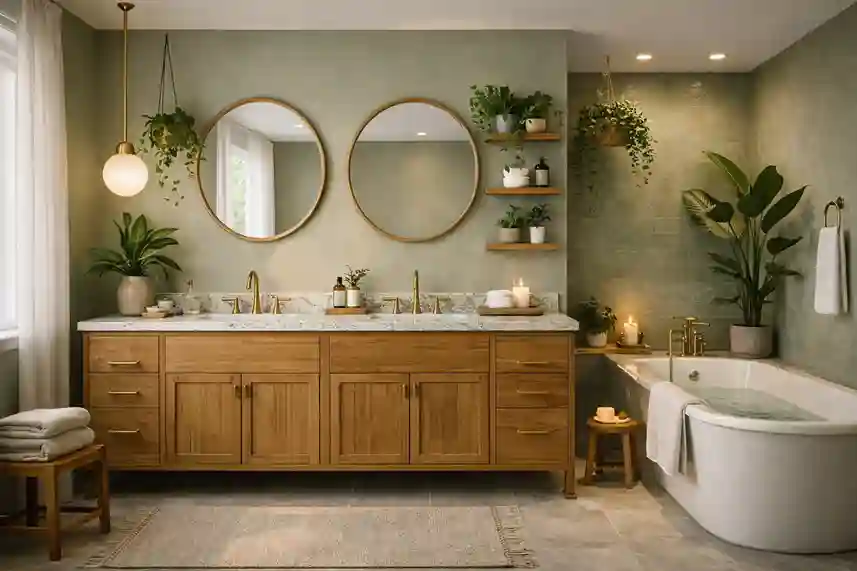 Green bathroom with plants, natural textures, eco-friendly materials, warm wood accents, and soft lighting creating a calm spa-like space.