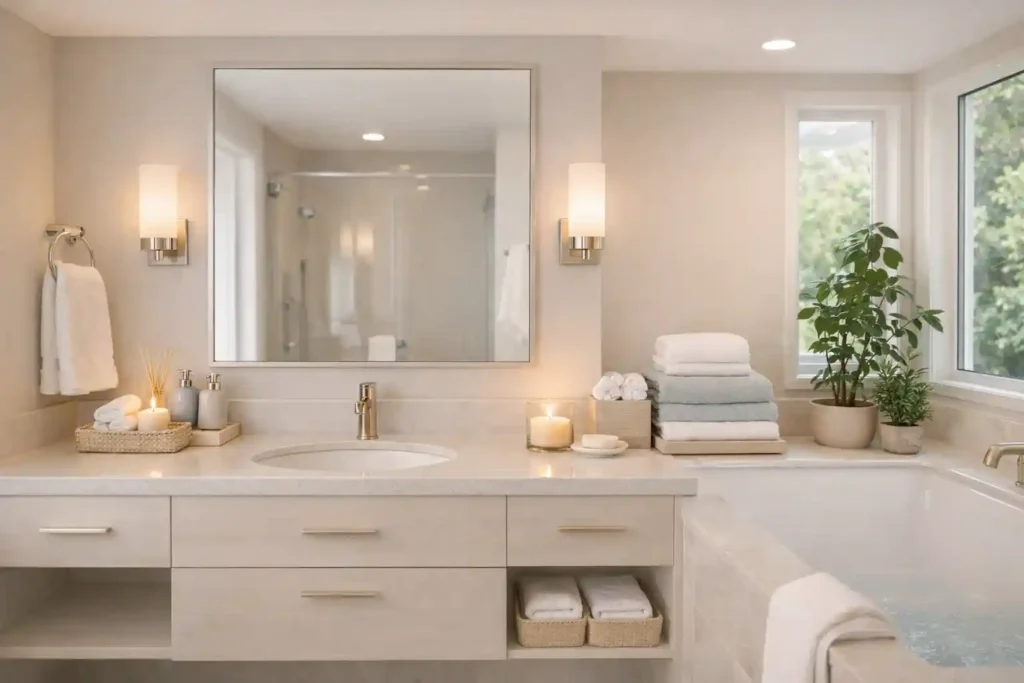 Guest bathroom with neutral colors, soft gray walls, white tiles, warm lighting, metallic fixtures, and a calm spa-like feel