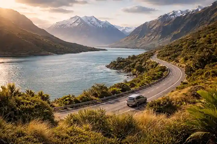 A solo traveler explores New Zealand’s scenic drives with mountains, lakes, and coastline, showcasing it as one of the best solo travel destinations.