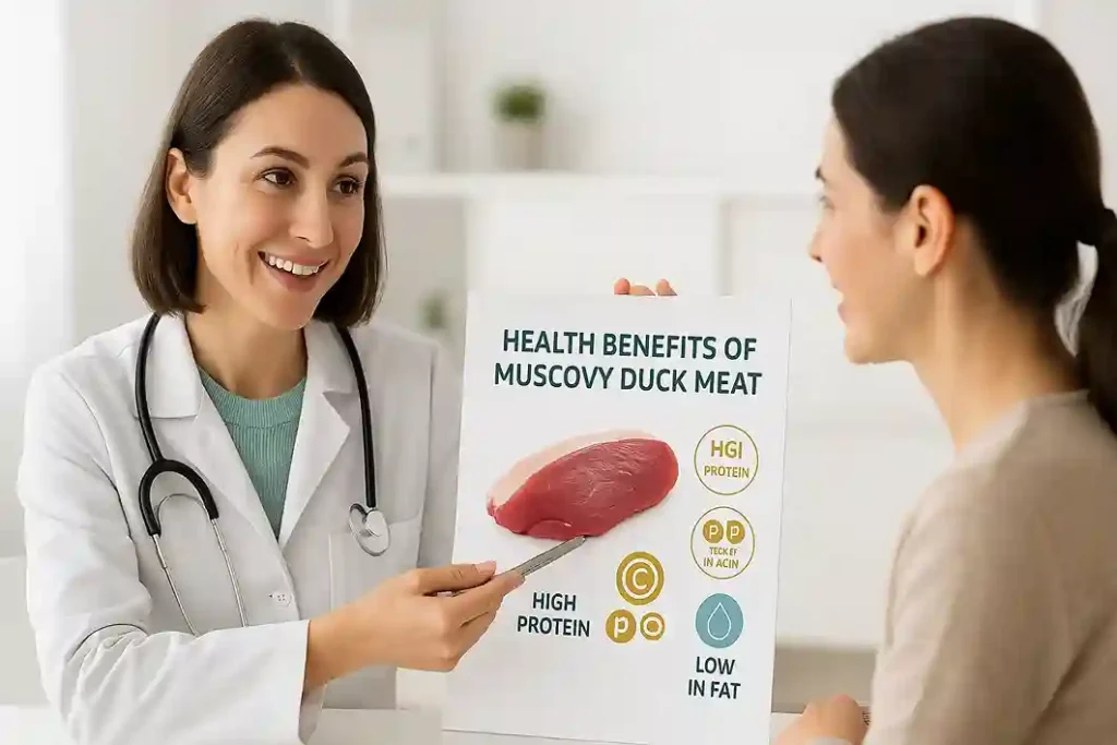 A nutritionist explaining the health benefits of Muscovy duck meat to a customer using a clear, educational chart.
