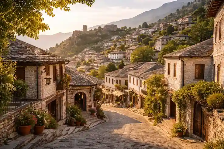 Stone houses on quiet Gjirokastër hills with narrow streets inviting slow and peaceful exploration.