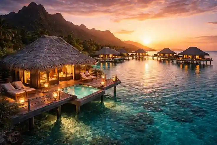 Private villas over calm turquoise water at sunset, showcasing luxury dream vacation destinations.