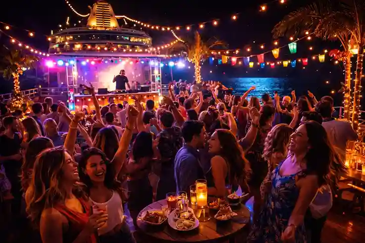 Night party cruise with glowing lights, dancing people, music, and ocean views showing party cruises define the experience