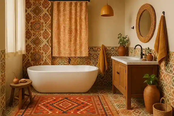 Boho bathroom with kilim rug, patterned tiles, and printed shower curtain, blending layered patterns, earthy tones, and warm, artistic texture.