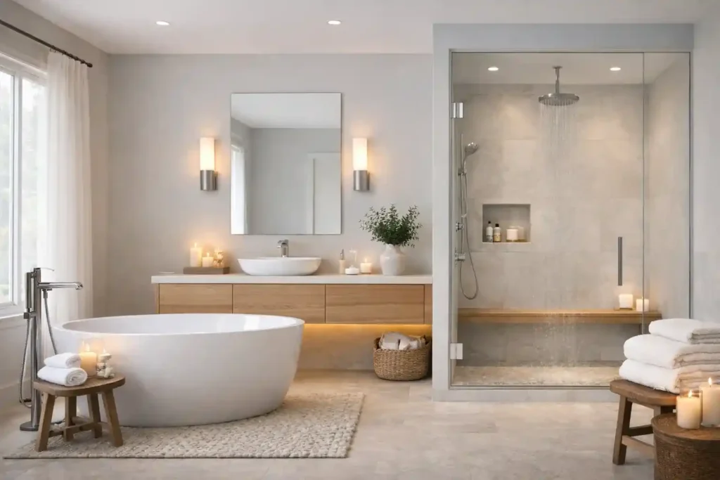 Peaceful master bathroom with soft neutral colors, layered lighting, natural textures, and spa-inspired design
