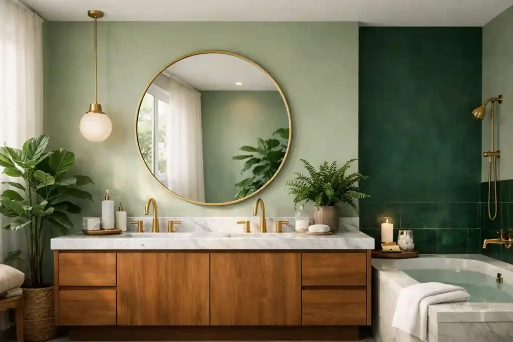 Calm modern bathroom with green walls, wood vanity, marble details, gold fixtures, and plants creating a peaceful, spa-like atmosphere.