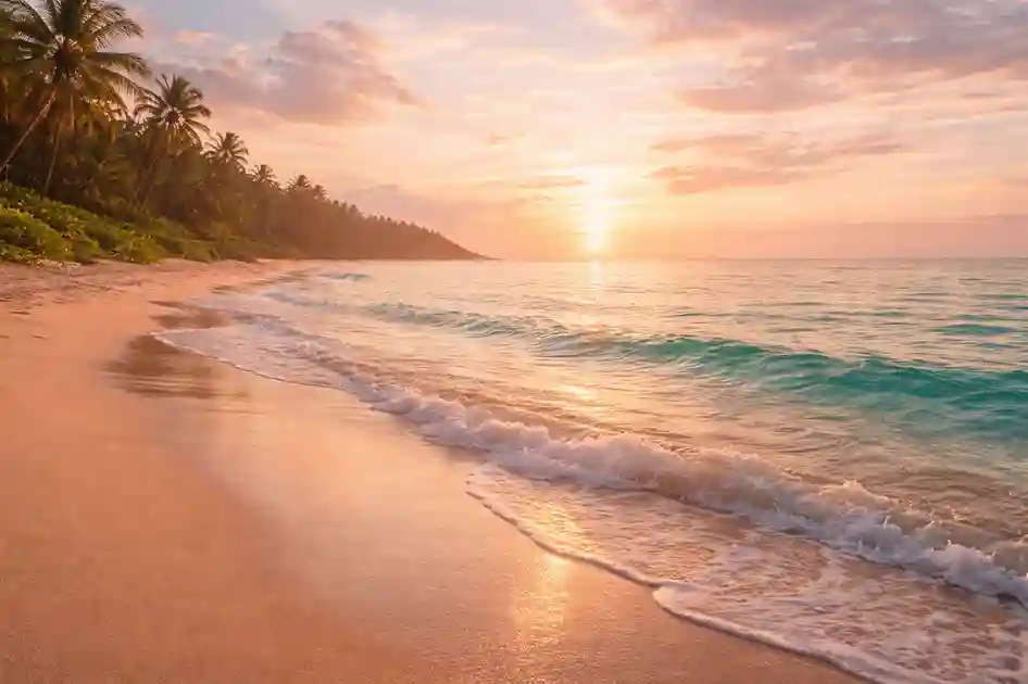 A wide peaceful beach with soft golden sand and clear blue water at sunrise, creating a calm and relaxing morning scene.