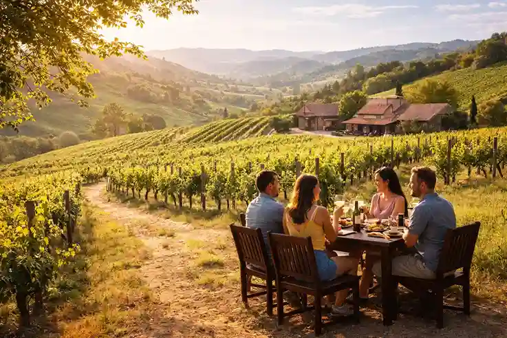 Green vineyard hills with fresh spring vines and relaxed wine tastings at peaceful spring break destinations.